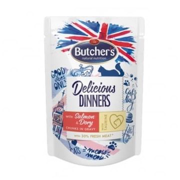 BUTCHER'S Delicious Dinners, Somon și Doradă, plic hrană umedă conținut redus cereale pisici, apetit capricios, (în sos), 100g
