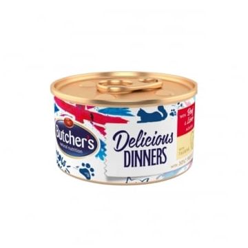 BUTCHER'S Delicious Dinners, Vită și Ficat, conservă hrană umedă fără cereale pisici, apetit capricios, (pate), 85g