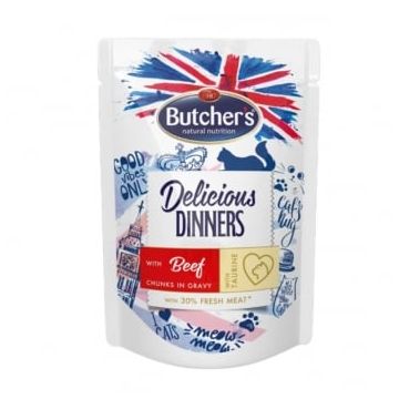 BUTCHER'S Delicious Dinners, Vită, plic hrană umedă conținut redus cereale pisici, apetit capricios, (în sos), 100g