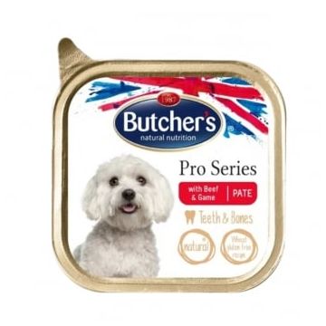 BUTCHER'S Pro Series Teeth & Bones, XS-S, Vită și Vânat, tăviță hrană umedă câini, sensibilități dentare, (pate), 150g