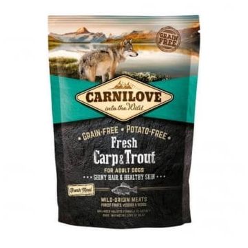 CARNILOVE Fresh Hair & Skin S-XL, Crap și Păstrăv, hrană uscată fără cereale câini, piele si blană, 1.5kg