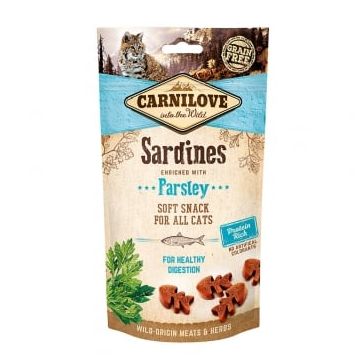 CARNILOVE Semi Moist Snack, Sardină cu Pătrunjel, recompense funcţionale fără cereale pisici, sensibilităţi digestive, 50g