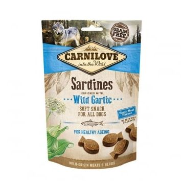CARNILOVE Semi Moist Snack, Sardine cu Usturoi Sălbatic, recompense funcționale fără cereale câini seniori, 200g