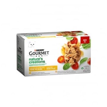 PURINA Gourmet Nature's Creations, 2 arome (Pui cu Spanac, Curcan cu Păstârnac), pachet mixt, conservă hrană umedă pisici, 85g x 4