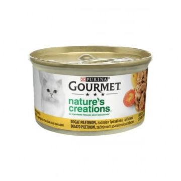 PURINA Gourmet Nature's Creations, Pui cu Spanac și Roșii, conservă hrană umedă pisici, 85g