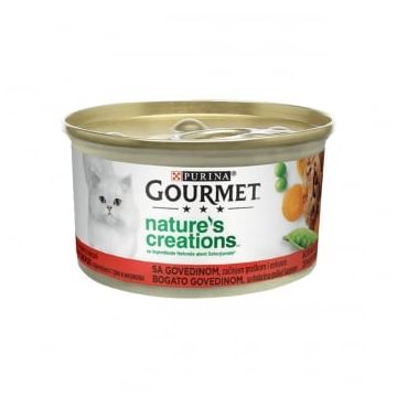 PURINA Gourmet Nature's Creations, Vită cu Mazăre și Morcov, conservă hrană umedă pisici, 85g