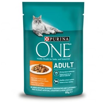 PURINA One Adult, Pui cu Fasole Verde, plic hrană umedă pisici, (în sos), 85g