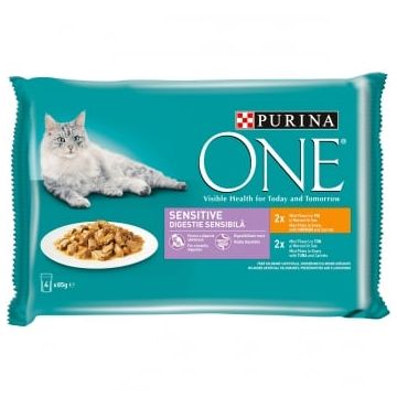 PURINA One Sensitive, Pui/Ton, pachet mixt plic hrană umedă pisici, sensibilități digestive, (în sos), 85g x 4