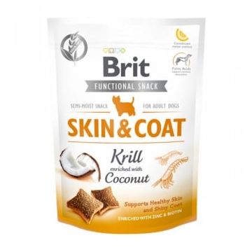 BRIT Care Functional Snack Skin & Coat, Krill cu Nucă de cocos, recompense funționale fără cereale câini, piele și blană, 150g