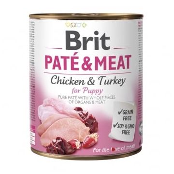 BRIT Pate & Meat Puppy, Pui și Curcan, conservă hrană umedă fără cereale câini junior, (pate cu bucăți de carne), 800g