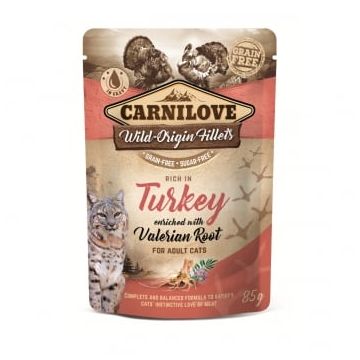 CARNILOVE, File Curcan cu Valeriană, plic hrană umedă fără cereale pisici, (în sos), 85g