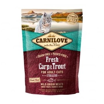 CARNILOVE Fresh Sterilised, Crap și Păstrăv, hrană uscată fără cereale pisici sterilizate, 400g