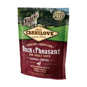 CARNILOVE Hairball Control, Rață și Fazan, hrană uscată fără cereale pisici, limitarea ghemurilor de blană, 400g