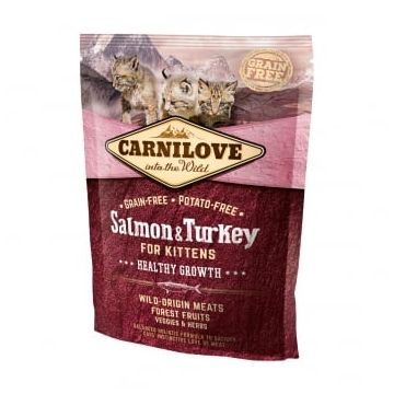 CARNILOVE Healthy Growth Kitten, Somon și Curcan, hrană uscată fără cereale pisici junior, 400g