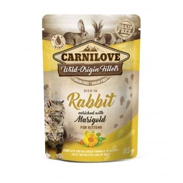 CARNILOVE Kitten, File Iepure cu Gălbenele, plic hrană umedă fără cereale pisici junior, (în sos), 85g