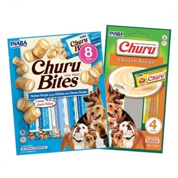 INABA Churu Dog, 2 arome (Pui și Brânză), pachet mixt recompense fără cereale câini, topping cremos și perunte umplute, 304g