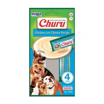 INABA Churu Dog, Pui cu Brânză, recompense lichide fără cereale câini, topping cremos, 14g x 4