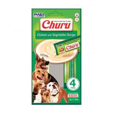 INABA Churu Dog, Pui cu Legume, recompense lichide monoproteice fără cereale câini, topping cremos, 14g x 4