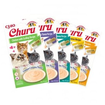 INABA CIAO Churu Piure, Pui, Test Pack recompense lichide fără cereale pisici, topping cremos, 14g x 20