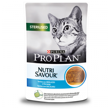 PURINA Pro Plan Nutrisavour Sterilised, Terină cu Cod, plic hrană umedă pisici sterilizate, (în sos), 85g