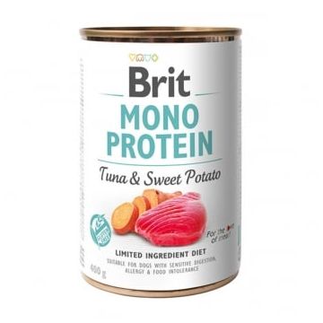 BRIT Mono Protein, Ton cu Cartof dulce, conservă hrană umedă monoproteică fără cereale câini, (pate), 400g