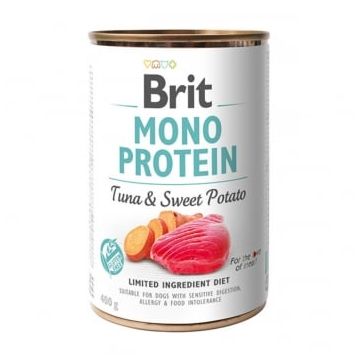 BRIT Mono Protein, Ton cu Cartof dulce, conservă hrană umedă monoproteică fără cereale câini, (pate), 400g