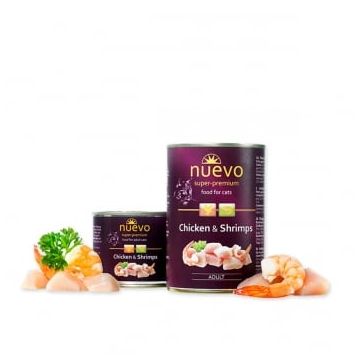 NUEVO, Pui și Creveți, conservă hrană umedă fără cereale pisici, apetit capricios, (pate), 400g