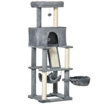 PawHut Arborele de zgariat pentru pisici cu stalpi de sisal, casa de plus, pat si hamace, 48x48x140cm, gri | AOSOM RO