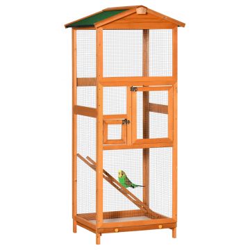 PawHut Cotet pentru pasari din lemn pentru exterior, cu tava extensibila, 2 usi, portocaliu, 68cm x 63cm x 165 cm
