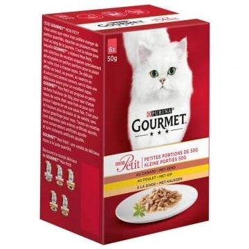 PURINA Gourmet Mon Petit, 3 arome (Pui, Rață, Curcan), pachet mixt, plic hrană umedă pisici, (în sos), 50g x 6