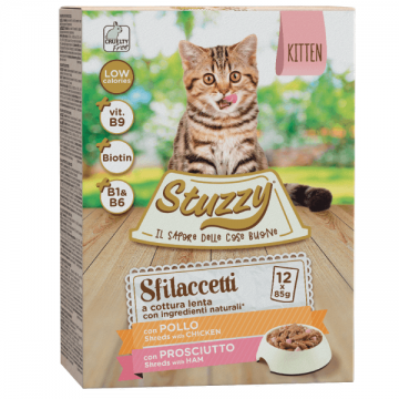 Hrana umeda pentru pisici Stuzzy Kitten Pack Bucati de pui&sunca in sos 12x85g