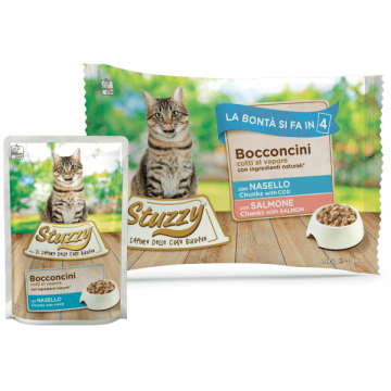 Hrana umeda pentru pisici Stuzzy Pack Bucati de cod&somon in gelatina 4x85g