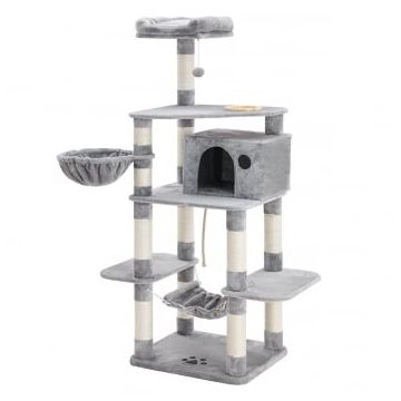 FEANDREA Multi-Level Cat Tree, Ansamblu de Joaca cu hranitoare, pisici, L-XL, gri, 90 x 50 x 164 cm