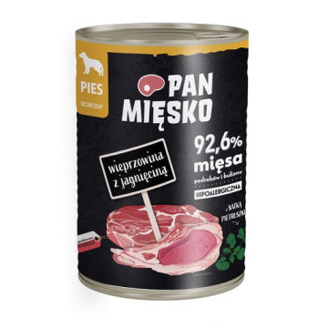 PAN MIĘSKO Hrana umeda hipoalergenica caini, cu carne de porc cu miel 400g