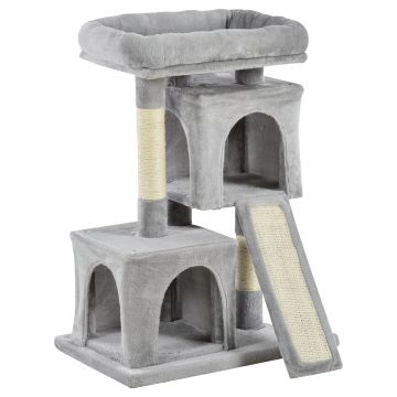 PawHut Ansamblu pentru pisici cu stalpi din sisal, pat si 2 case cu tapiterie de plus, 59x39x83cm, gri