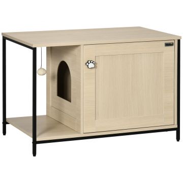 PawHut Mobilier Litiera Pisici Interior cu Minge Agățată, Ușă Magnetică, 80x48x55cm, Negru Stejar | Aosom Romania