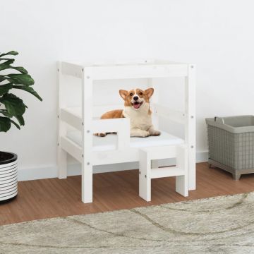 vidaXL Pat pentru câini, alb, 55,5x53,5x60 cm, lemn masiv de pin