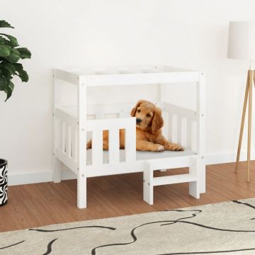 vidaXL Pat pentru câini, alb, 75,5x63,5x70 cm, lemn masiv de pin