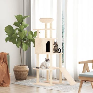 vidaXL Ansamblu de pisici cu stâlpi din funie de sisal, crem, 166 cm