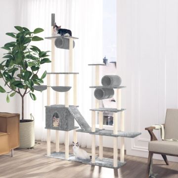 vidaXL Ansamblu pisici cu stâlpi din funie sisal, gri deschis, 279 cm