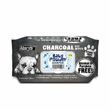 Servetele umede pentru animale, Charcoal Pet WET Wipes, BABY POWDER- pachet 80 buc la reducere