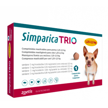 Simparica Trio Caini 3 mg(1.25 - 2.5 kg) Deparazitare interna si externa, 3 x comprimate masticabile ieftina