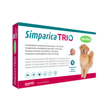 Simparica Trio Caini 48 mg (20.1 - 40 kg) Deparazitare interna si externa, 3 x comprimate masticabile la reducere