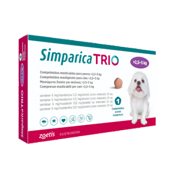 Simparica Trio Caini 6 mg (2.6 - 5 kg) Deparazitare interna si externa, 3 x comprimate masticabile ieftina