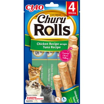 Churu Rolls Recompense pentru Pisici cu Pui si Ton fara cereale - 4x10g