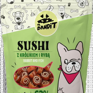 Recompense pentru caini Mr. Bandit SUSHI, iepure si peste, 80g