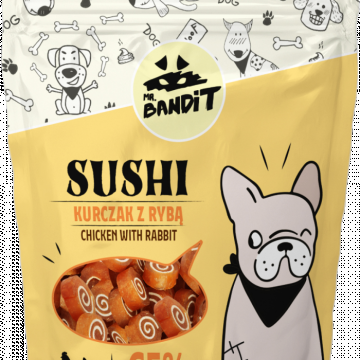 Recompense pentru caini Mr. Bandit SUSHI, pui si peste, 80g