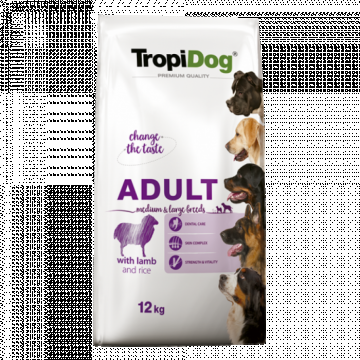 TropiDog, hrana uscata Premium Adult, pentru talie medie si mare, miel orez, 12 kg