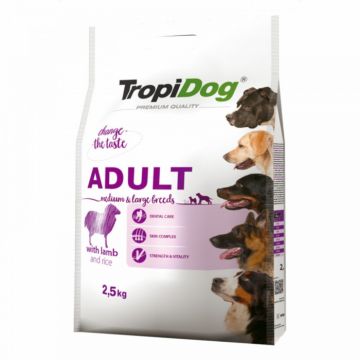 TropiDog, hrana uscata Premium Adult, pentru talie medie si mare, miel orez, 2.5 kg