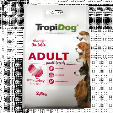 TropiDog, hrana uscata Premium Talie mica cu Curcan si orez, 2.5 kg